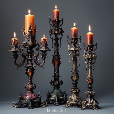 Gorgeous ornate Victorian Gothic candlesticks Gothic Candelabra Centerpiece, Classy Gothic Decor, Gothic Table Decor, Gothic Victorian House Decor, Victorian Gothic Halloween Decor, Victorian Gothic Decor Bedroom, Gothic Lights, Gothic Lamps, Gothic Victorian Home Decor