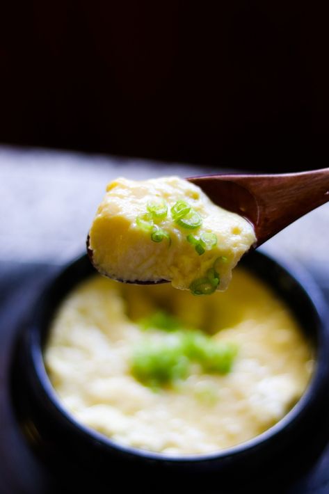 Gyeranjjim (Korean Steamed Eggs) Korean Egg Souffle Recipe, Korean Steamed Eggs, Korean Steamed Egg, Egg Souffle, Souffle Recipes, Steamed Eggs, Foreign Food, Asian Flavors, Yummy Sides