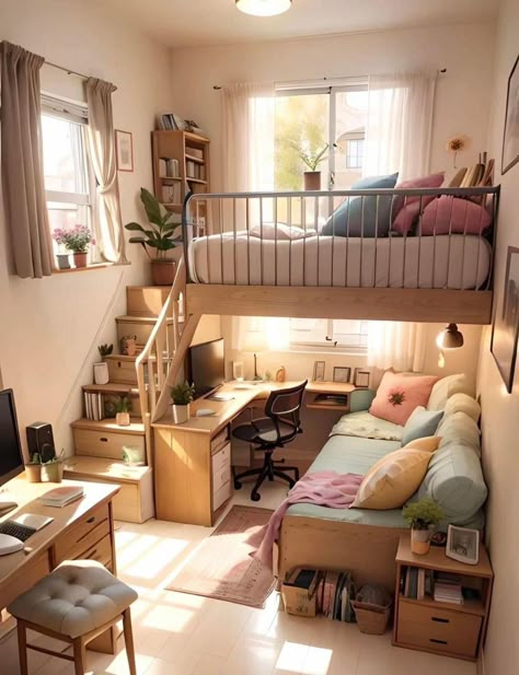 Two Floors Bedroom, 2nd Floor Bedroom Ideas, Bedroom With Second Floor, Bedroom With Stairs To Bed, Room With Upstairs Bed, Two Storey Bedroom, Compact House Interior Design, Cute Loft Bedroom, Rooms With Stairs