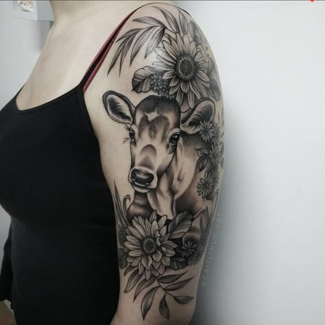 Cows And Flowers Tattoo, Farm Sleeve Tattoos For Women, Cow Arm Tattoo, Cow Shoulder Tattoo, Farm Animal Tattoo Sleeve, Cow Tattoo Ideas For Women, Flower Cow Tattoo, Floral Cow Tattoo, Cow Sleeve Tattoo