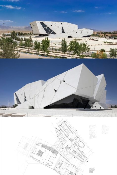 The University of Semnan Auditorium and Library, a remarkable architectural endeavor, came to life in 2007, spanning an impressive expanse of 14,000 square meters. This visionary project included creating a series of educational halls, lecture rooms, a versatile central auditorium, and a library that evolved over distinct construction and development phases. College Art Projects, Wave Architecture, Auditorium Plan, Auditorium Architecture, Library Plan, Auditorium Design, Theatre Building, Museum Plan, Lecture Theatre