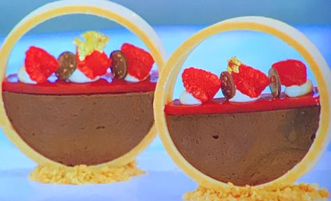 Prue Leith chocolate hazelnut and raspberry vertical tarts recipe on The Great British Bake Off – The Talent Zone Vertical Tart Recipe, Vertical Tart, Hazelnut Mousse, British Bake Off Recipes, Prue Leith, Raspberry Jelly, Bake Off Recipes, Great British Baking Show, Edible Gold Leaf