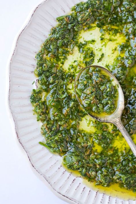 Chermoula - Moroccan Herb Sauce | The Domestic Dietitian Diet Sauce, Diet Appetizers, Chermoula Recipe, Healthy Marinades, Fish Marinade, Mediterranean Spices, Herb Sauce, Marinade Sauce, Cumin Seeds