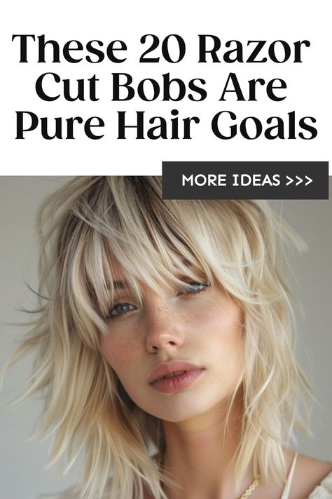 Blonde woman with a razor cut bob hairstyle, eyes closed, giving hair inspiration against a grey background with text "These 20 Razor Cut Bobs Are Pure Hair Goals" and a button that says "MORE IDEAS". Razored Layers Medium, Razor Haircut Medium, Razored Hair, Fringe Bob Haircut, Razor Cut Hairstyles, Shag Bob Haircut, Shag Bob, Razor Cut Bob, Razored Bob