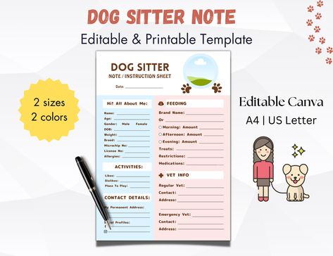 Dog Sitter Instructions, Pet Sitter Instructions, Dog Template, Daycare Forms, Cat Template, Printable Dog, Cat Sitter, Dog Daycare, Pet Sitting