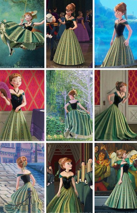 Anna's coronation dress - Reference Photos Frozen, let it go, elsa, anna, tumblr, kristoff, olaf, disney, let the storm rage on, the cold never bothered me anyway Anna Frozen Dress, Green Dress Costume, Anna Coronation, Anna Green Dress, Anna From Frozen, Anna Cosplay, Anna Coronation Hair, Princess Anna Frozen Costume, Anna Frozen Cosplay