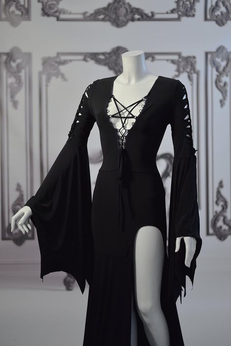 Dress Morticia Addams black gothic slashed pentagram neckline | Etsy Pentagram Dress, Witchcraft 101, Vampire Ball, Ball Costume, Royalty Dress, Gothic Dresses, Fantasy Clothes, Morticia Addams, Costume Inspo