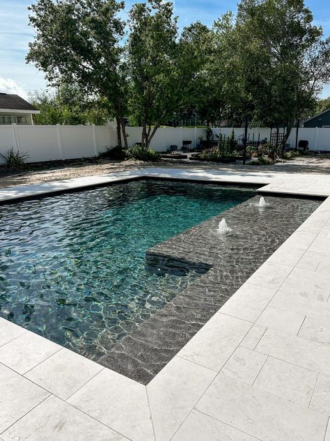 Our Custom In-Ground Pool Design - Within the Grove Black Bottom Pool Design, Modern Pool Colors, Pool Patio Pavers Landscaping Ideas, 12x25 Pool, Black Fiberglass Pool, Slate Pool Deck, 20x40 Pool Ideas, Pool Interior Colors, Medium Pool Designs