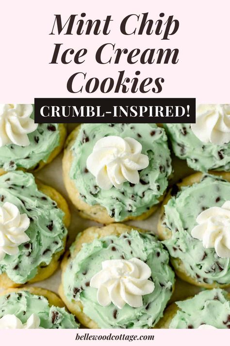 These fun Mint Chip Ice Cream Cookies are inspired by Crumbl! They feature a minty sugar cookie base with mini chocolate chips and a peppy green mint buttercream frosting that is reminiscent of mint chip ice cream. Serve them chilled if you wish, just like Crumbl! Chilled Crumbl Cookie, Crumbl Mint Chip Ice Cream Cookie, Crumbl Mint Cookies And Cream, Crumbl Mint Chocolate Chip Cookie, Crumbl Cookies Fried Ice Cream, Mint Crumble Cookie, Crumbl Cookie Copycat Mint, Aggie Blue Mint Crumbl Cookie, Fresh Mint Cookies