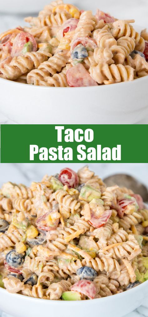 Taco Pasta Salad - a creamy pasta salad with all your favorite taco toppings! Great to make ahead and have in the fridge for dinner or to take to any get together. Chicken Taco Macaroni Salad, Creamy Taco Pasta Salad, Mexican Style Pasta Salad, Creamy Ranch Taco Pasta Salad, Fiesta Pasta Salad, Kid Friendly Salad Recipes, Mexican Pasta Salad Recipes, Creamy Pasta Salad Recipe, Southwestern Food