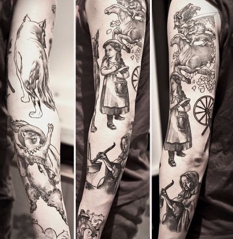 Grimm's fairy tales sleeve by Niki Norberg Grimm Tattoo, Fairy Tale Tattoo, Grimm's Fairy Tales, Mushroom Tattoos, Classic Fairy Tales, Brothers Grimm, Grimm Fairy Tales, Tattoo Sleeve Designs, Tattoo Sleeve