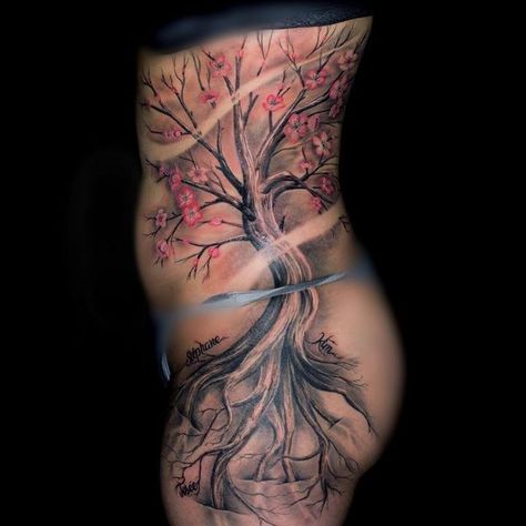 Small Cherry Blossom Tattoo, Cherry Blossom Tattoo Ideas, Tree Tattoo Side, Girl Side Tattoos, Alex Tattoo, Tattoo Side, Cherry Blossom Tree Tattoo, Side Tattoos Women, Blossom Tree Tattoo