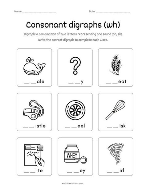 Consonant Digraph 'wh' | Kindergarten Worksheets Printable Ch Words Worksheets For Kindergarten, Digraphs Worksheets For Grade 1, Consonant Digraphs Worksheets, Th Worksheets Digraph, Digraphs Kindergarten, Wh Digraph Worksheets, Digraph Worksheets, Ch Digraph, Digraphs Worksheets