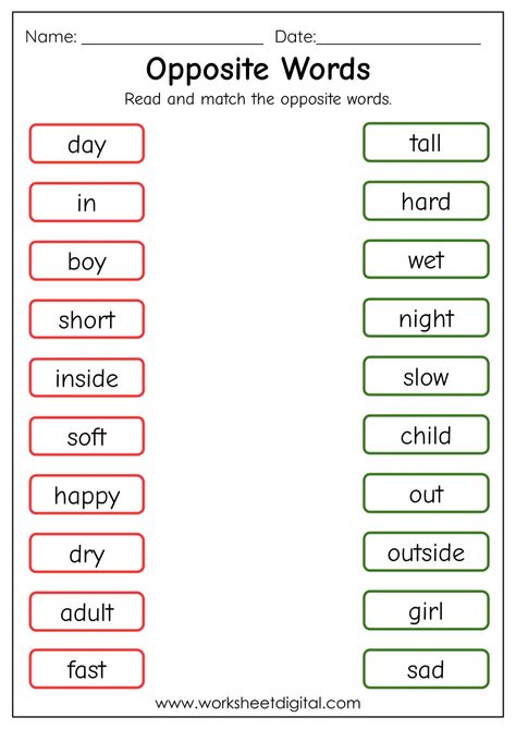 Matching Opposite Words - Worksheet Digital Word Opposites Worksheets, Opposite Word Worksheet, Opposites Worksheet For Grade 2, Worksheet For Ukg Class English, English Class 1 Worksheets, 2 Grade English Worksheets, Class One English Worksheets, 1st Class English Worksheet, Opposite Worksheets Grade 1