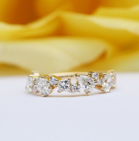 Unique cluster wedding band, half eternity wedding band, women, moissanite engagement ring set Mixed Stone Wedding Band, Cluster Wedding Band, Wedding Band Unique, Heirloom Rings, Ring Inspiration, Wedding Band Women, Moissanite Engagement Ring Set, Wedding Band Designs, Half Eternity Wedding Band