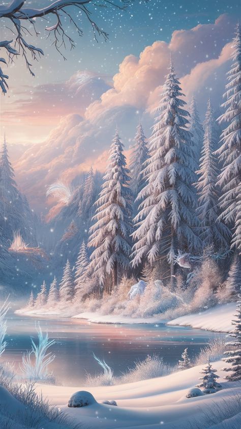 Experience a serene winter landscape inspired by aespa, featuring a snowy forest of towering pines and gentle snowflakes falling from a pastel sky. A frozen lake mirrors a magical sunset, while ethereal mists and whimsical creatures add charm. This tranquil wallpaper captures the essence of winter magic, perfect for fans of fantasy art, winter themes, and aespa aesthetics. Transform your space with this enchanting scene! Frozen Fantasy Landscape, Tranquil Wallpaper, Fantasy Winter, Winter Board, Snowy Background, Colouring Ideas, Whimsical Creatures, Magical Sunset, Snowflakes Falling