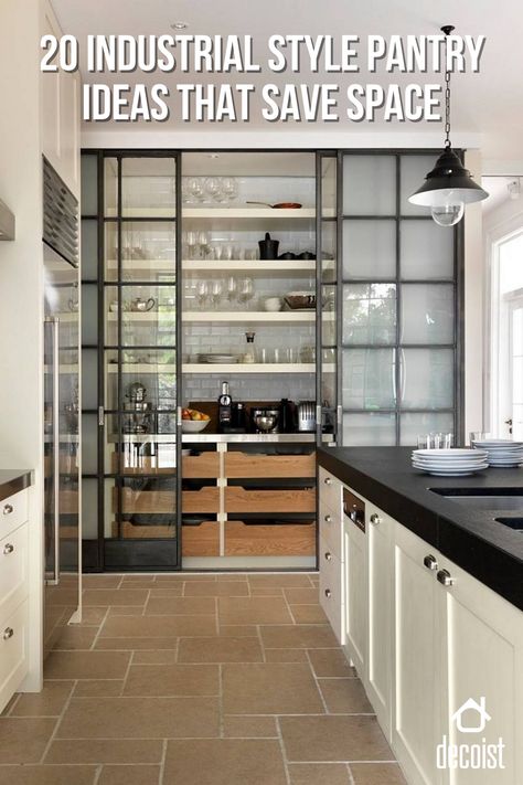 This sliding glass door pantry inside this modern Sydney kitchen has an understated industrial appeal about it. Kitchen Pantry Doors, Organiser Cucina, Modern Pantry, Glass Pantry Door, Glass Pantry, Desain Pantry, Kitchen Pantry Design, Transitional Kitchen, Pantry Design