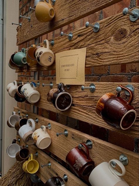 Thrifted Mugs, Rustic Coffee Shop, Vintage Coffee Shops, Mug Wall, Opening A Coffee Shop, Mobile Coffee Shop, Bakery Design Interior, Small Coffee Shop, Grocery Store Design