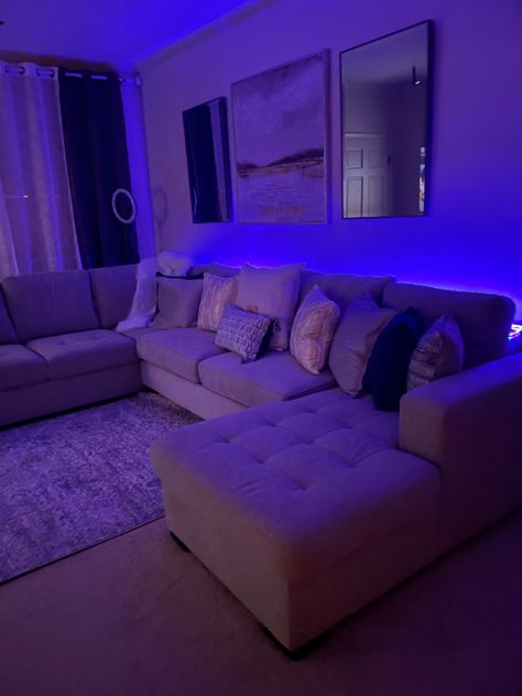 Living Room Led Lighting Ideas, Led Lights Living Room Apartment, Led Lights Apartment, Led Lights Living Room Aesthetic, Led Living Room Ideas, Living Room Led Lighting, Led Lights Living Room, Vibey Apartment, Baddie Apartment Ideas