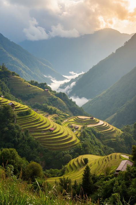 Experience the magic of the Banaue Rice Terraces at sunrise.  These ancient rice paddies, carved into the mountainside, offer a breathtaking view. #Banaue #RiceTerraces Ifugao People, Ancient Philippines, Philippines Nature, Banaue Rice Terraces, Banaue, Wooden Hut, Rice Paddies, Rice Terraces, Golden Light