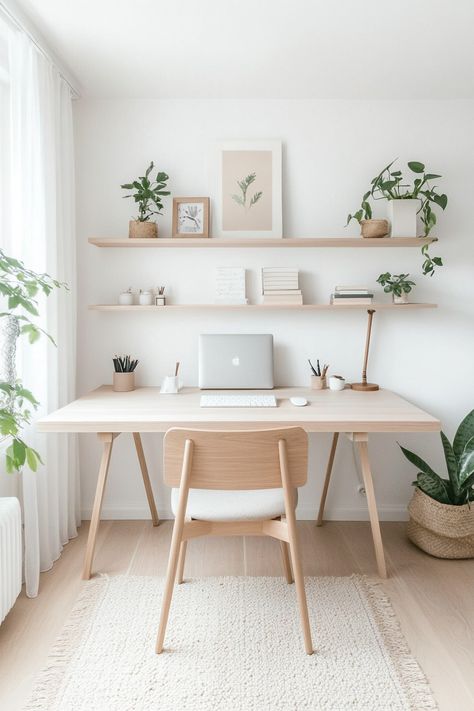 15 Tranquil Scandi Decor Ideas for Every Room in Your Home – Everyday Inspo Small Office White Desk, Scandi Office Design, Japandi Workspace, Scandi Home Office, Scandi Minimalist Home, Scandi Desk, Office Flex Space, Simple Home Office Ideas, Office With Plants