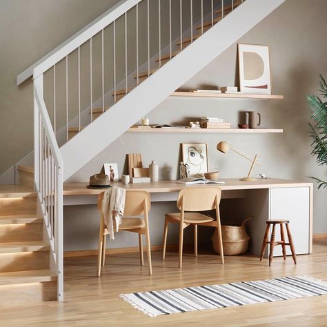 Nook Next To Stairs, Desk Under Stairs, Office Under Stairs, Under Stairs Nook, Space Under Stairs, Stair Nook, Office Nook, Study Nook, Home Stairs Design