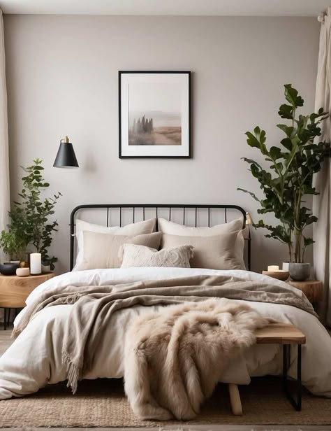 47 Master Bedroom Decorating Ideas with Iron Beds Guest Bedroom Ideas Wrought Iron Bed, Bedroom Inspirations Iron Bed, Neutral Bedroom With Metal Bed, Master Bedrooms With Metal Beds, Leanne Ford Bedroom Design, Bedroom With Black Iron Bedframe, Bedroom Iron Bed Frame, Bedroom Decor Iron Bed, Bedroom Decor Metal Bed Frame