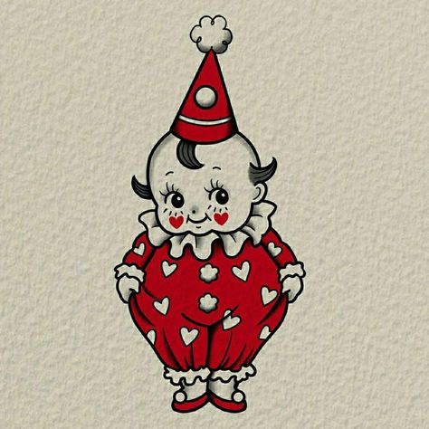 Kewpie Drawing, Vintage Halloween Tattoos, Halloween Kewpie, Kewpie Art, Rock Baby Clothes, Diy Coloring Books, Clown Party, Clown Illustration, Cars Theme Birthday Party