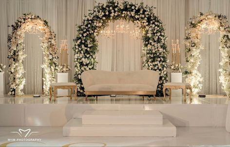 Walima Backdrop Stage Decorations, Asian Wedding Stage Decor, Wedding Throne Chairs, Neutral Wedding Backdrop, Elegant Stage Decor, Wedding Hall Backdrop, Desi Wedding Stage, Wedding Stage Decorations Elegant Classy, Nikkah Stage Decoration