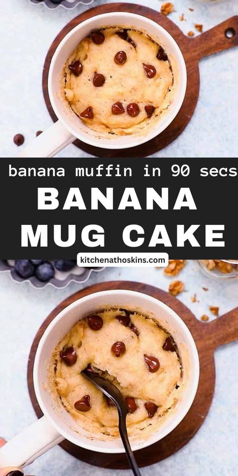 Banana Mug Cake bakes in the microwave in exactly 90 seconds. Warm, light and fluffy, with gooey melted chocolate chips and crunchy walnuts, it is the fastest way to enjoy a warm banana chocolate chip muffin! Microwave Mug Cake Recipes, Easy Microwave Mug Cake, Eggless Mug Cake, Summer Dishes Recipes, Best Mug Cake, Unique Cake Ideas, Microwave Desserts, Microwave Mug Cake, Melted Chocolate Chips