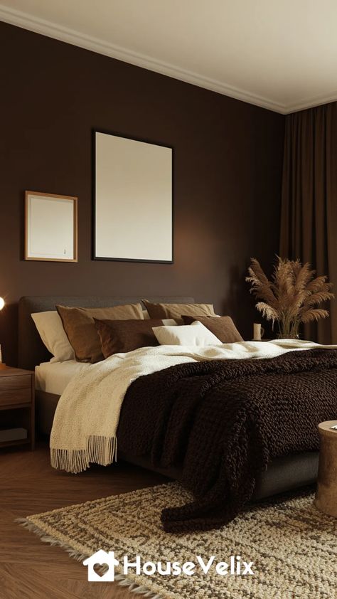 Dark Brown Accent Wall Updated Dark Brown Bedroom Aesthetic, Chocolate Brown Bedroom Walls, Dark Brown Sherwin Williams Paint, Wooden Feature Wall Bedroom, Dark Brown Accent Wall Bedroom, Brown Wall Colour, Brown Bed Bedroom, Chocolate Brown Bedroom Ideas, Brown Painted Room