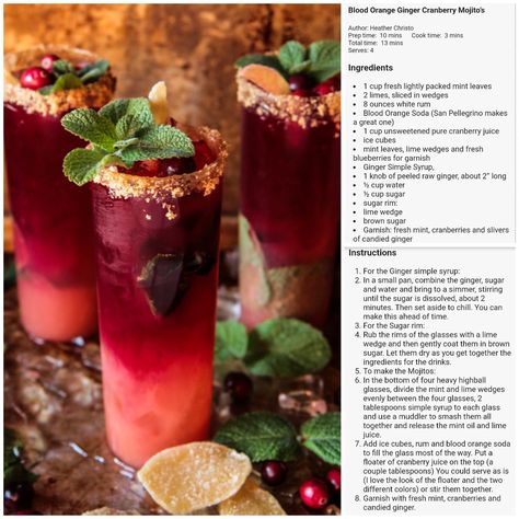 Blood orange ginger cranberry mojito Cranberry Mojito, Mojito Recipe, Brunch Party, Holiday Food, Blood Orange, Mojito, Cooking And Baking, Holiday Recipes, Cranberry