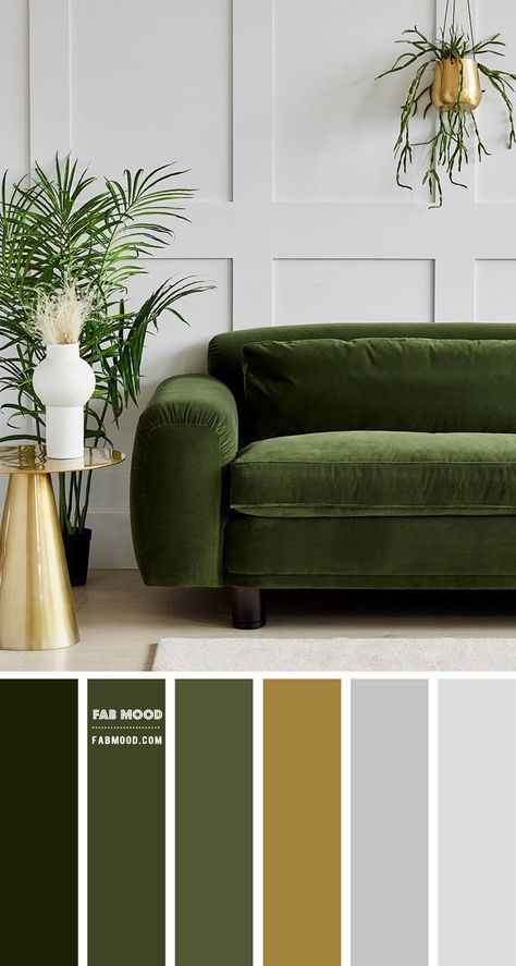 How about a touch of eco in your grey living room? Adding a pop of green has the power to completely transform any living room. Luscious vintage green... Beige Wallpaper Livingroom, Avocado Green Living Room Color Scheme, Green Color Living Room Ideas, Colors That Go Together Living Room, Paint Colors With Green Couch, Vintage Theme Living Room, Green Couch Grey Walls, Olive Green And Gray Living Room, Living Color Scheme Ideas