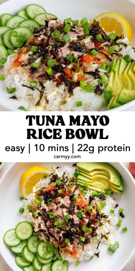 This tuna mayo rice bowl is an easy recipe that comes together quickly with pantry staples. Full of delicious savory flavor, this tuna bowl is so satisfying and is perfect for quick lunches or busy weeknights. Easy Tuna Bowl, Tuna Mayo Rice Bowl, Tuna Mayo Rice, Rice Bowl Ideas, Tuna Rice Bowl, Tuna And Rice, Rice Bowl Recipes, Tuna Bowl, Staple Recipes