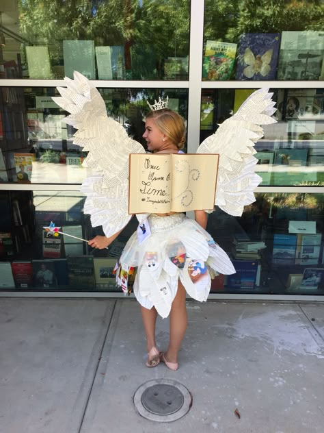 Instagram: @mtcprincess Book Fairy Costume! Book pages hot glued onto thrifted costume fairy wings and skirt. #Halloween Book Week Costume Ideas 2023, Bookweek Costumes 2023, Book Fairy Costume Diy, Book Week 2024, Diy Fairy Wings Cardboard, Cosplay Fairy Wings Diy, Book Fairy Costume Diy How To Make, Bookweek 2024, Book Fairy Costume