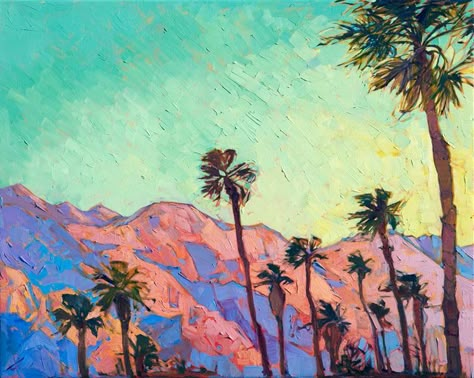 Palm Desert landscape oil painting by California contemporary artist Erin Hanson Tropical Landscape Painting, California Painting, California Painting Ideas, California Landscape Paintings, Palm Tree Art Abstract, Oil Pastel Palm Tree, Palm Tree Desert Painting, Colorful Palm Tree Painting, Abstract Southwest Landscape Painting