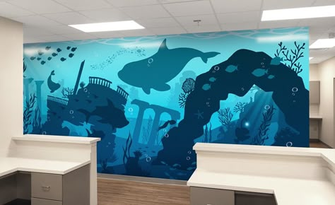 Deep Blue Underwater Medical Clinic | Project Gallery | IDS Kids Coastal Wall Painting, Cartoon Wall Painting Ideas, Ocean Wall Mural, Cartoon Wall Painting, Kids Mural, Parrot Fish, College Projects, Murals For Kids, Underwater Theme