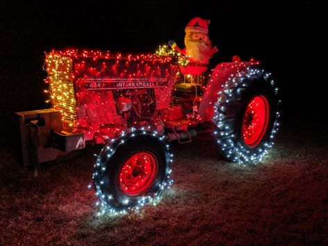 Father-in-laws International tractor. Tractor With Christmas Lights, Tractor Christmas Lights, Tractor Decorated For Christmas, Christmas Tractor Decorations, Christmas Hayride, Christmas Oklahoma, Farm Christmas Decorations, Outdoor Christmas Lights Diy, Landscaping Entrance