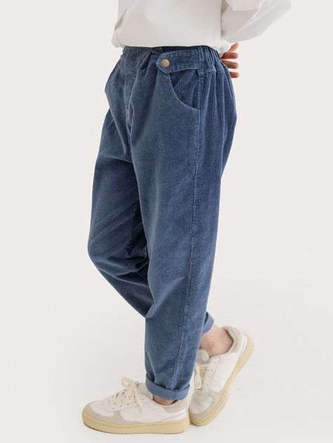 Dusty Blue Casual   Corduroy Plain Tapered/Carrot  Slight Stretch Fall/Winter Girls Clothing Boho Men Style, Corduroy Pants Outfit, Boho Men, People Clothes, Corduroy Trousers, Tomboy Style Outfits, Winter Girls, Tomboy Fashion, Corduroy Pants