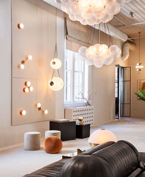 For cool, innovative lighting by a design duo with their fingers on the pulse of the creative industry, look no further than New York–based Apparatus. Apparatus Lighting, Library Lighting, Feel The Rhythm, High End Lighting, Oak Panels, Lighting Showroom, Bedroom Ceiling, Showroom Design, Bedroom Ceiling Light