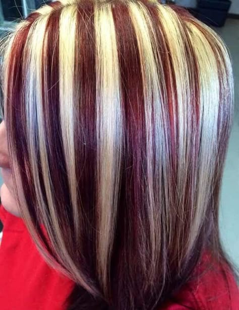 Sliced Highlights, Blonde And Red Highlights, Black And Red Hair, Chunky Blonde Highlights, Red Hair With Blonde Highlights, Red Hair Color Ideas, Red Blonde Hair, Hair Highlights And Lowlights, Color Highlights