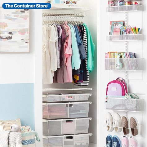 Available only at The Container Store, this Elfa Classic 2' Closet with Door & Wall Rack offers maximum storage in minimum space with hanging space, drawers, and a door rack. All Elfa components are adjustable, so the solution is completely flexible! This is designed to fit a 27" space. Best Closet Systems, Elfa Closet, Closet Solutions, No Closet Solutions, Door Rack, Kids Closet Organization, Store Interiors, Small Closet Organization, Kid Closet