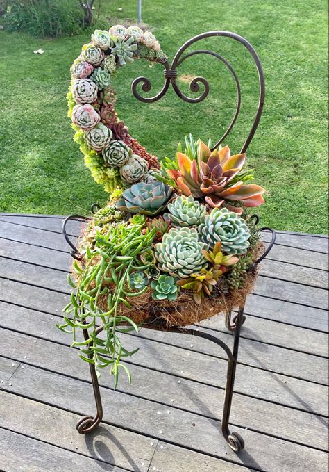 I made a base of chicken wire filled with moss, both for the seat and for half the heart. Broken Pot Fairy Garden, Pot Fairy Garden, Succulent Garden Landscape, Planters Ideas, Succulent Display, Planters Garden, Succulent Garden Design, Succulent Garden Diy, Pots And Planters