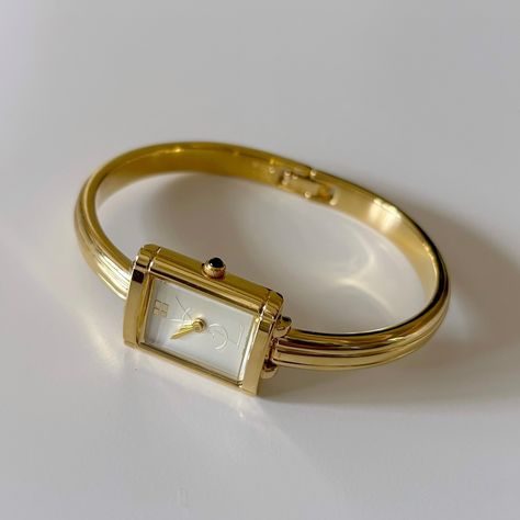 SOLD** Yves Saint Laurent Gold Bangle Watch will be available today at 5pm pacific time! Bangle Watches Women, Wristwatch Aesthetic, Classy Gold Jewelry, Yves Saint Laurant, Gold Bangle Watch, Gold Bangles For Women, Vintage Watches Women, Bangle Watches, Wrist Jewelry