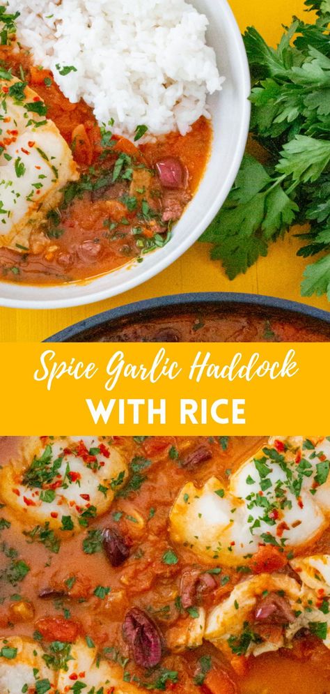 This spicy garlic and tomato haddock recipe with rice makes a great low carb meal. Learn how to make it for dinner this fall! #fishrecipes #ricedishes #haddock Haddock Healthy Recipes, Haddock Meal Prep, Haddock And Rice Recipes, Haddock Recipes Baked, Fried Cod Recipes, Pan Fried Cod, Recipe With Rice, Haddock Recipes, Recipe With Garlic