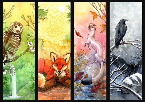 Beautiful seasons with animal. Four Seasons Painting, Four Seasons Art, Watercolor Bookmarks, Hur Man Målar, Seasons Art, Four Season, Art Sketchbook, Travel Art, Four Seasons