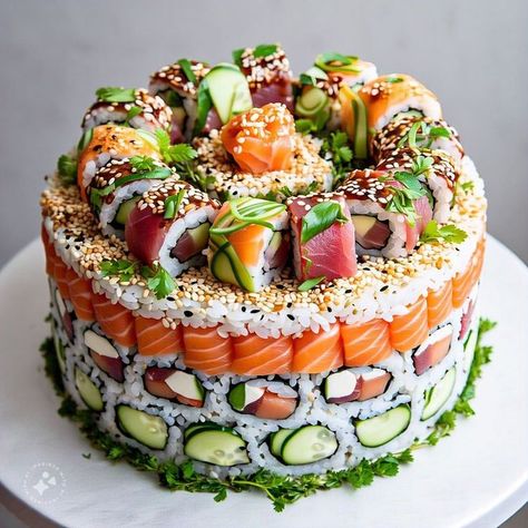 Sushi Roll Cake, Sushi Cake Design, Birthday Aesthetic Cakes, Savory Birthday Cake, Sushi Cubes, Sushi Cake Ideas, Sushi Cake Birthday, Sushi Birthday Cake, Sushi Station