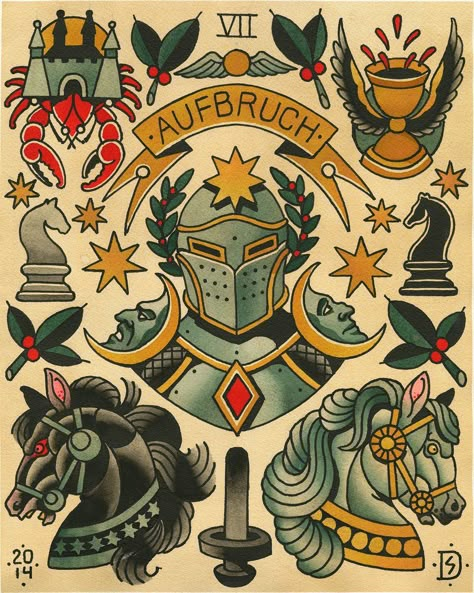 Medieval Tattoo, Tarot Tattoo, Knight Tattoo, Traditional Tattoo Sleeve, Tattoo Flash Sheet, Old School Tattoo Designs, Traditional Tattoo Design, Traditional Tattoo Art, Old Tattoos