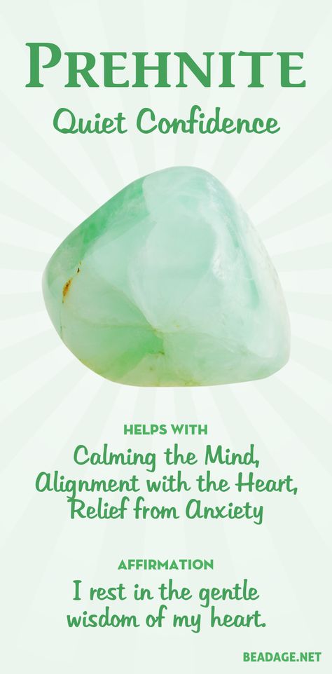 Prehnite harmonizes the will and the heart, leading to a quiet confidence and clarity in the right action to take to be in alignment with one's spiritual self. Through quieting the mind and ego, it can assist in the ability to hear through your psychic channels more clearly. Learn more about Prehnite meaning + healing properties, benefits & more. Visit to find gemstone meanings & info about crystal healing. #gemstones #crystals #crystalhealing #beadage Apophyllite Crystals Meaning, Prehnite Crystal Meaning, Yooperlite Crystal Meaning, Crystals Confidence, Prehnite Meaning, Confidence Crystals, Crystals For Confidence, Healing Pictures, Prehnite Crystal