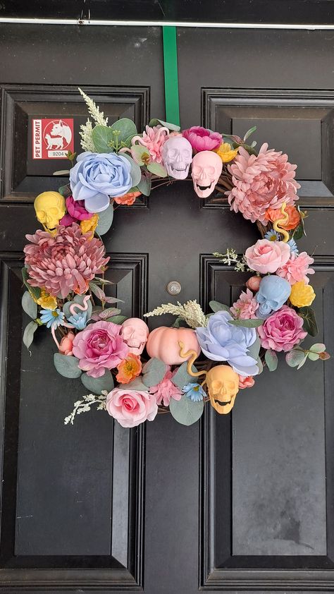 Halloween pastels have my whole heart! This wreath is full of soft feminine, spooky vibes. This pastel, floral wreath, with pastel skulls, is perfect for the front door or in the house. It can be an elegant Halloween wreath, or would be beautifully, haunted to keep up all year long. The wreath frame is 18" grapevine. Pastel Halloween Decorations Outdoor, Halloween Pastel Decor, Pastel Halloween Home Decor, Halloween Decor Pastel, Pastel Fall Wreath, Pastel Halloween Wreath, Pastel Halloween Decor, Pastel Skull, Spooky Wreath